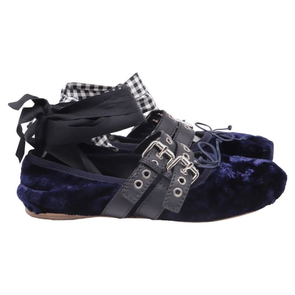 Miu Miu Double-Buckled Self-Tie Ballet Flats in Navy Blue Velvet